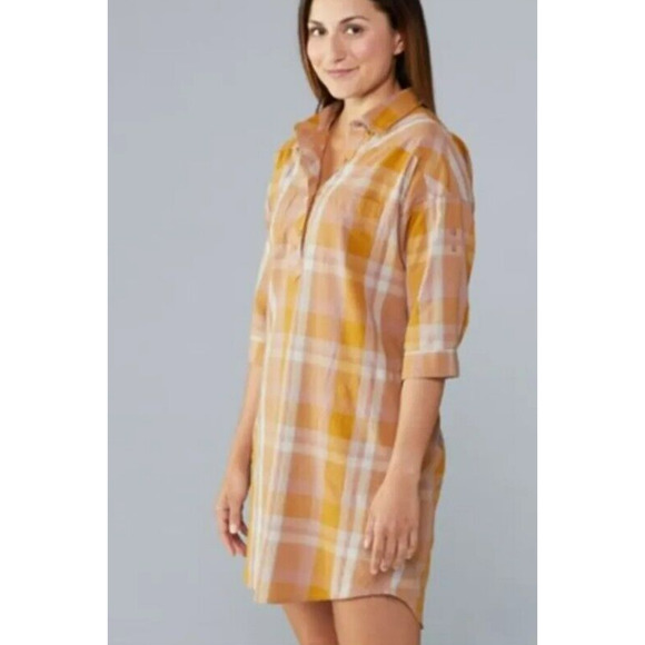 PrAna Deryn Champagne Plaid Roll Tab Sleeve Dress Large Active Camping Outdoors - Picture 10 of 16